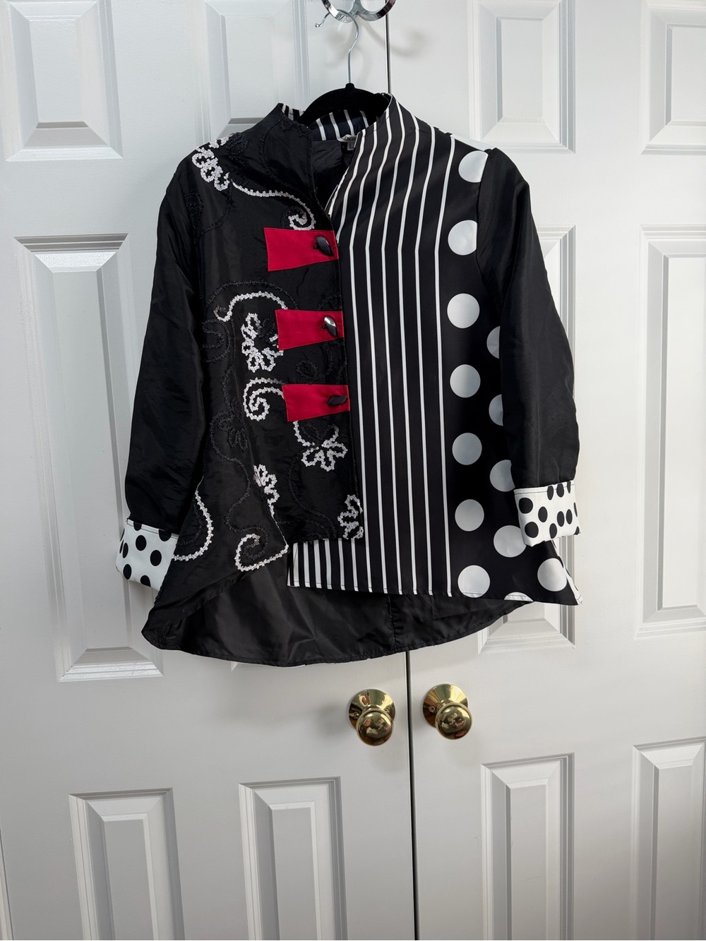 Black & White Mixed-Print Ladies Jacket with Red Accent
